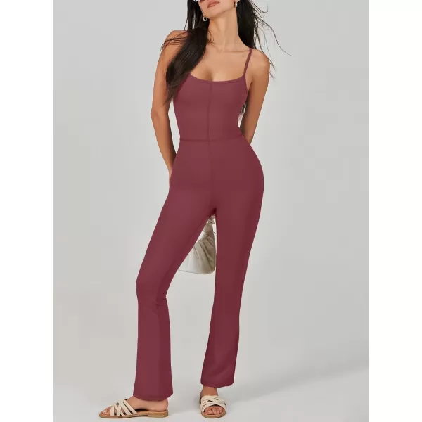 imageANRABESS Flare Jumpsuits for Women One Piece Sleeveless Square Neck Full Body Bodycon Yoga Workout Casual Unitard RompersBurgundy