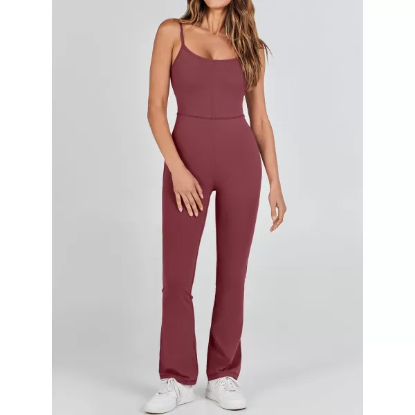 imageANRABESS Flare Jumpsuits for Women One Piece Sleeveless Square Neck Full Body Bodycon Yoga Workout Casual Unitard RompersBurgundy