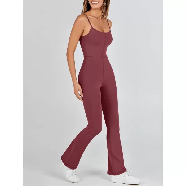imageANRABESS Flare Jumpsuits for Women One Piece Sleeveless Square Neck Full Body Bodycon Yoga Workout Casual Unitard RompersBurgundy
