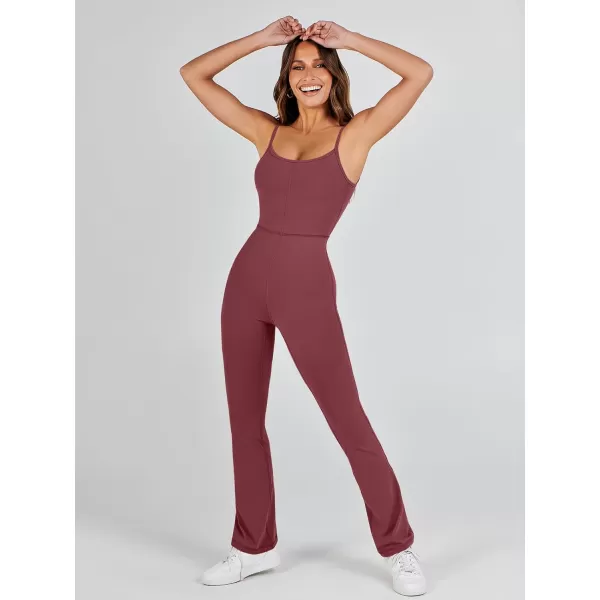 imageANRABESS Flare Jumpsuits for Women One Piece Sleeveless Square Neck Full Body Bodycon Yoga Workout Casual Unitard RompersBurgundy