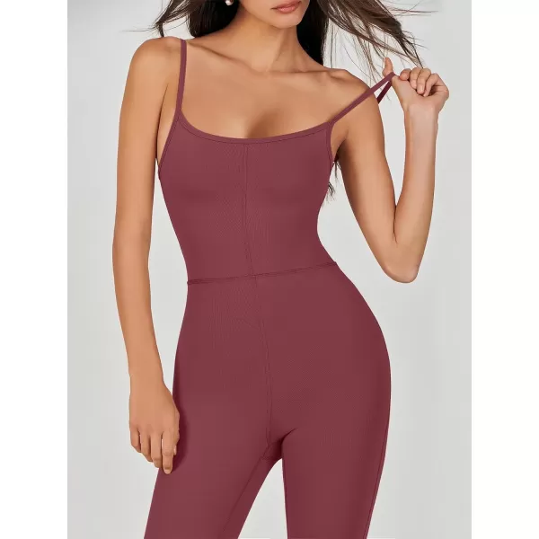imageANRABESS Flare Jumpsuits for Women One Piece Sleeveless Square Neck Full Body Bodycon Yoga Workout Casual Unitard RompersBurgundy