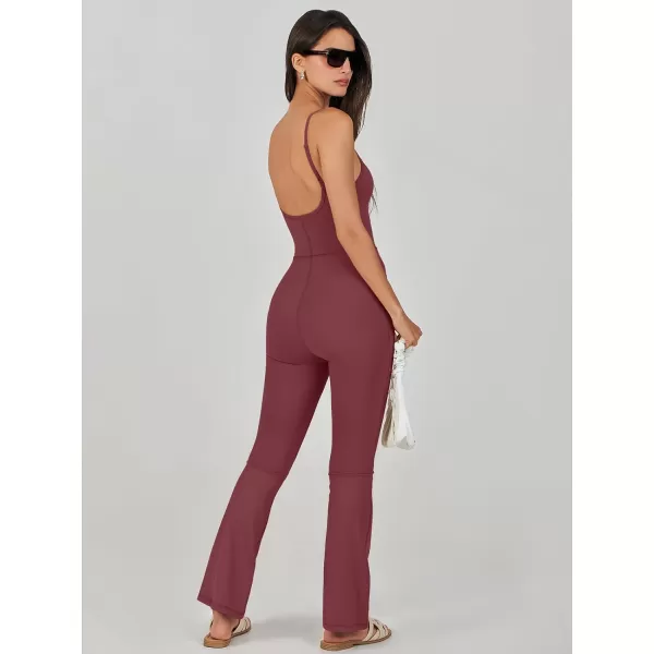 imageANRABESS Flare Jumpsuits for Women One Piece Sleeveless Square Neck Full Body Bodycon Yoga Workout Casual Unitard RompersBurgundy