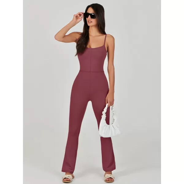 imageANRABESS Flare Jumpsuits for Women One Piece Sleeveless Square Neck Full Body Bodycon Yoga Workout Casual Unitard RompersBurgundy