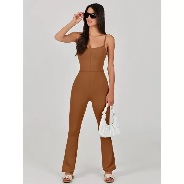 imageANRABESS Flare Jumpsuits for Women One Piece Sleeveless Square Neck Full Body Bodycon Yoga Workout Casual Unitard RompersCoffee
