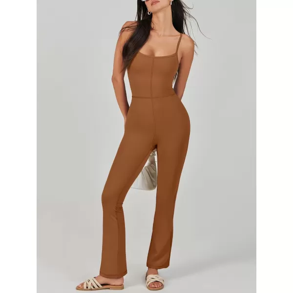 imageANRABESS Flare Jumpsuits for Women One Piece Sleeveless Square Neck Full Body Bodycon Yoga Workout Casual Unitard RompersCoffee