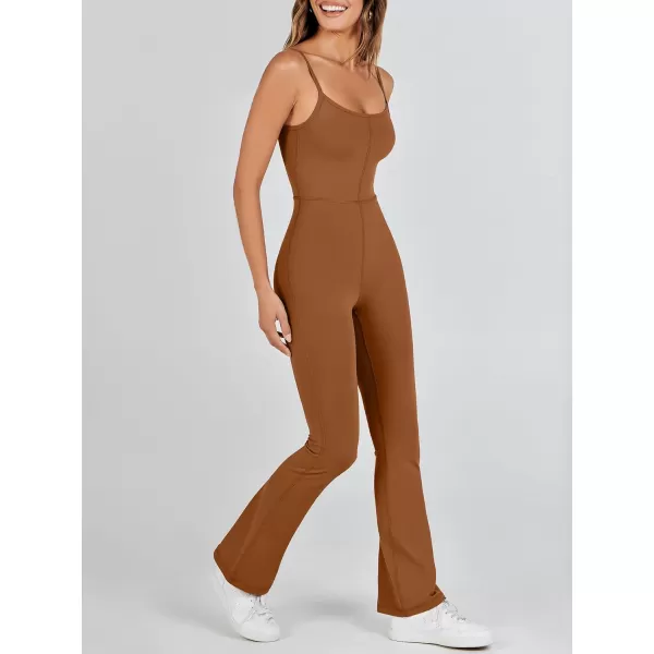 imageANRABESS Flare Jumpsuits for Women One Piece Sleeveless Square Neck Full Body Bodycon Yoga Workout Casual Unitard RompersCoffee