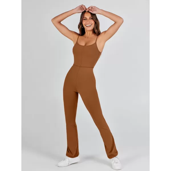 imageANRABESS Flare Jumpsuits for Women One Piece Sleeveless Square Neck Full Body Bodycon Yoga Workout Casual Unitard RompersCoffee