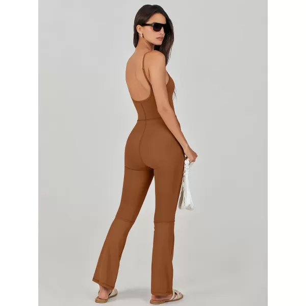 imageANRABESS Flare Jumpsuits for Women One Piece Sleeveless Square Neck Full Body Bodycon Yoga Workout Casual Unitard RompersCoffee