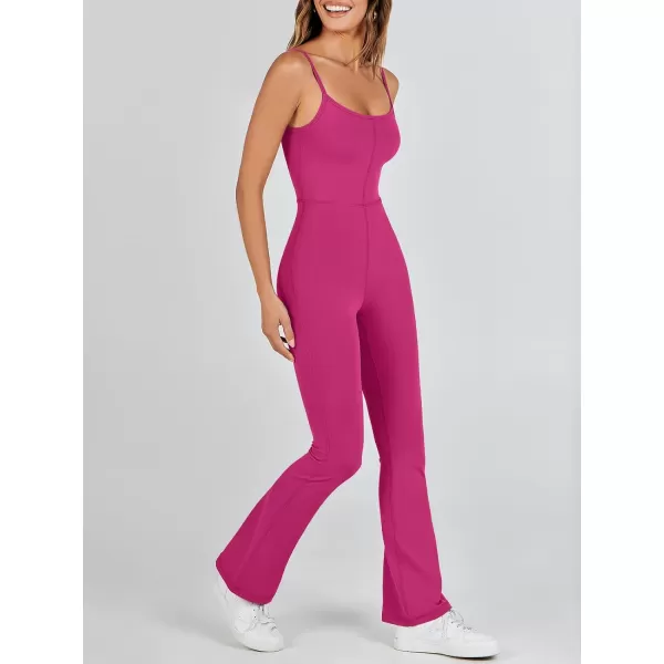 imageANRABESS Flare Jumpsuits for Women One Piece Sleeveless Square Neck Full Body Bodycon Yoga Workout Casual Unitard RompersHot Pink