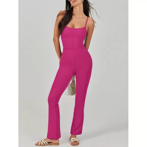 imageANRABESS Flare Jumpsuits for Women One Piece Sleeveless Square Neck Full Body Bodycon Yoga Workout Casual Unitard RompersHot Pink