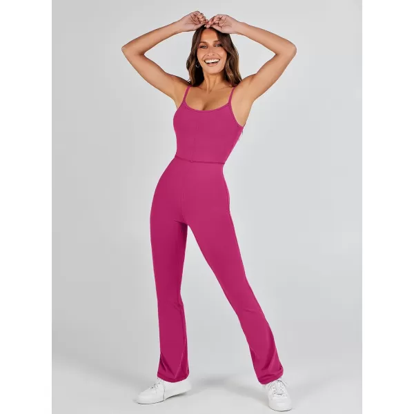 imageANRABESS Flare Jumpsuits for Women One Piece Sleeveless Square Neck Full Body Bodycon Yoga Workout Casual Unitard RompersHot Pink