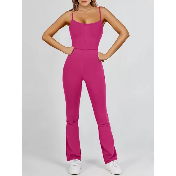 imageANRABESS Flare Jumpsuits for Women One Piece Sleeveless Square Neck Full Body Bodycon Yoga Workout Casual Unitard RompersHot Pink