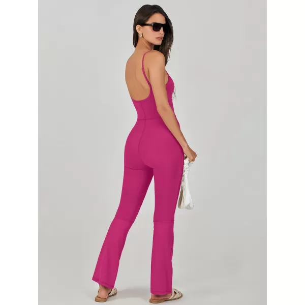 imageANRABESS Flare Jumpsuits for Women One Piece Sleeveless Square Neck Full Body Bodycon Yoga Workout Casual Unitard RompersHot Pink