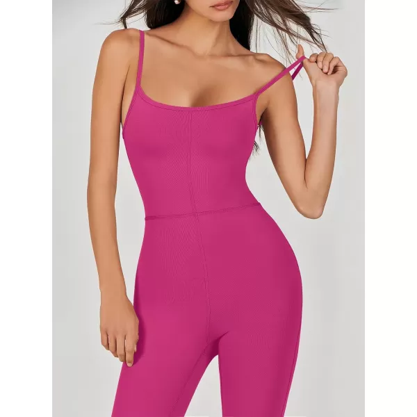 imageANRABESS Flare Jumpsuits for Women One Piece Sleeveless Square Neck Full Body Bodycon Yoga Workout Casual Unitard RompersHot Pink