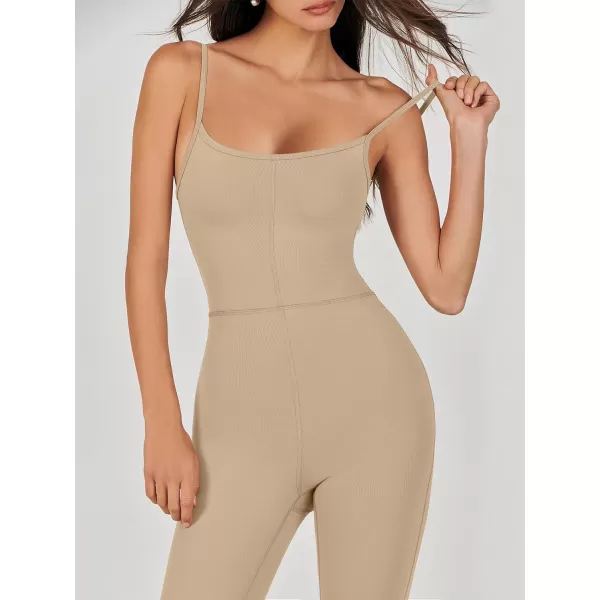 imageANRABESS Flare Jumpsuits for Women One Piece Sleeveless Square Neck Full Body Bodycon Yoga Workout Casual Unitard RompersKhaki