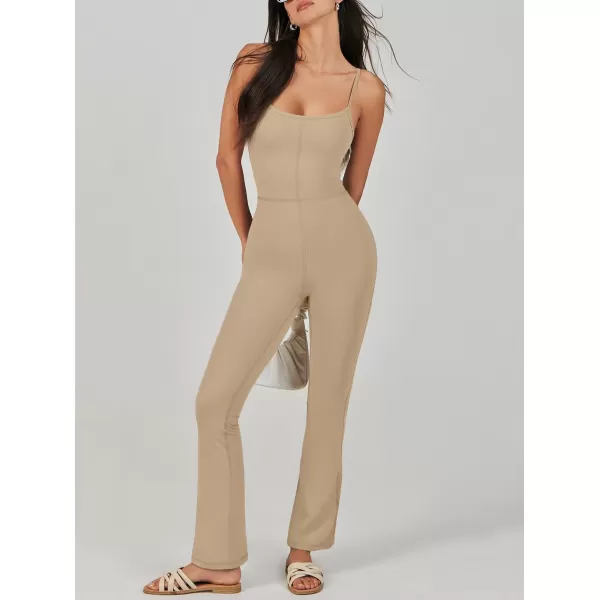 imageANRABESS Flare Jumpsuits for Women One Piece Sleeveless Square Neck Full Body Bodycon Yoga Workout Casual Unitard RompersKhaki