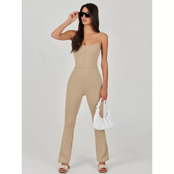 imageANRABESS Flare Jumpsuits for Women One Piece Sleeveless Square Neck Full Body Bodycon Yoga Workout Casual Unitard RompersKhaki