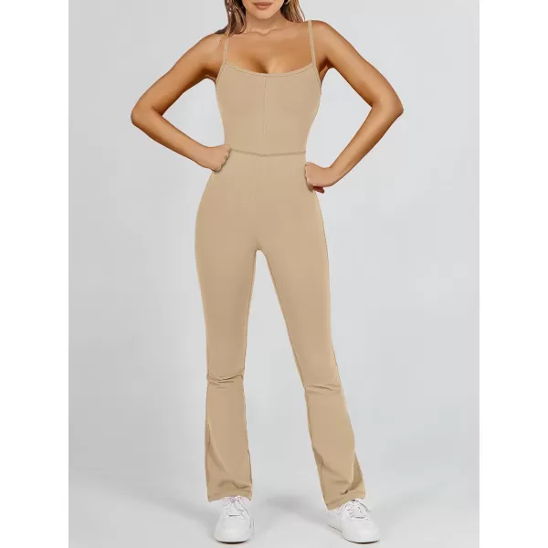 imageANRABESS Flare Jumpsuits for Women One Piece Sleeveless Square Neck Full Body Bodycon Yoga Workout Casual Unitard RompersKhaki