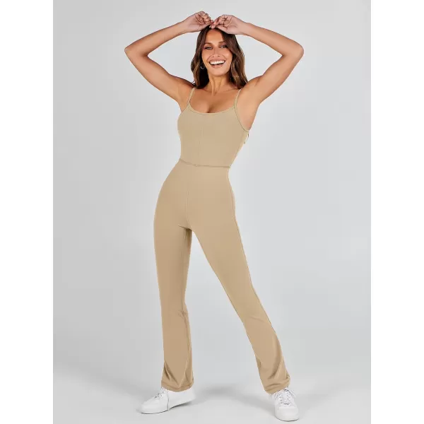 imageANRABESS Flare Jumpsuits for Women One Piece Sleeveless Square Neck Full Body Bodycon Yoga Workout Casual Unitard RompersKhaki