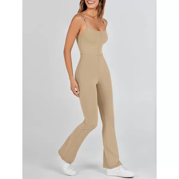imageANRABESS Flare Jumpsuits for Women One Piece Sleeveless Square Neck Full Body Bodycon Yoga Workout Casual Unitard RompersKhaki