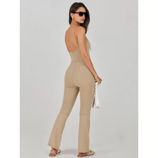 imageANRABESS Flare Jumpsuits for Women One Piece Sleeveless Square Neck Full Body Bodycon Yoga Workout Casual Unitard RompersKhaki