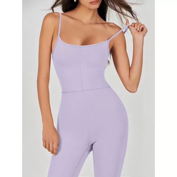 imageANRABESS Flare Jumpsuits for Women One Piece Sleeveless Square Neck Full Body Bodycon Yoga Workout Casual Unitard RompersLight Purple