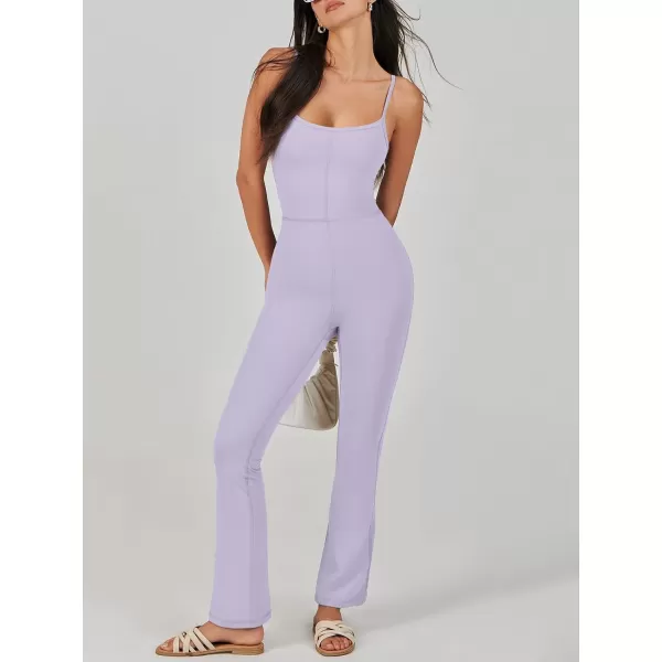 imageANRABESS Flare Jumpsuits for Women One Piece Sleeveless Square Neck Full Body Bodycon Yoga Workout Casual Unitard RompersLight Purple