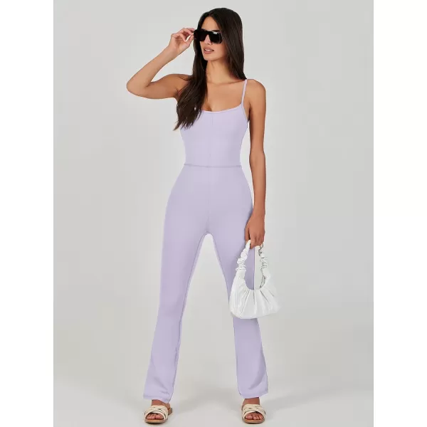 imageANRABESS Flare Jumpsuits for Women One Piece Sleeveless Square Neck Full Body Bodycon Yoga Workout Casual Unitard RompersLight Purple
