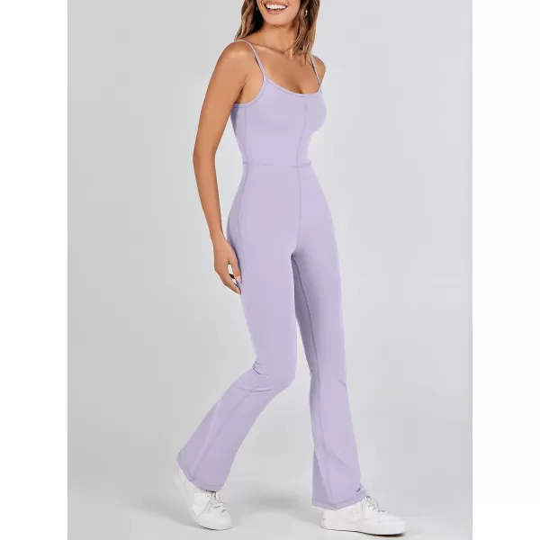 imageANRABESS Flare Jumpsuits for Women One Piece Sleeveless Square Neck Full Body Bodycon Yoga Workout Casual Unitard RompersLight Purple