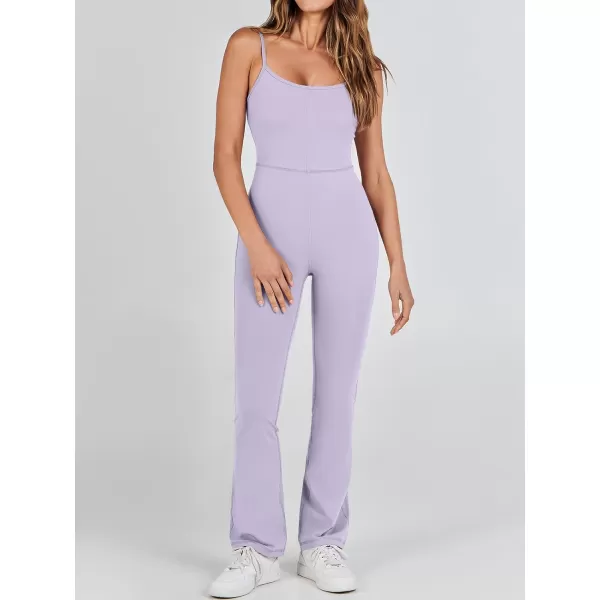 imageANRABESS Flare Jumpsuits for Women One Piece Sleeveless Square Neck Full Body Bodycon Yoga Workout Casual Unitard RompersLight Purple