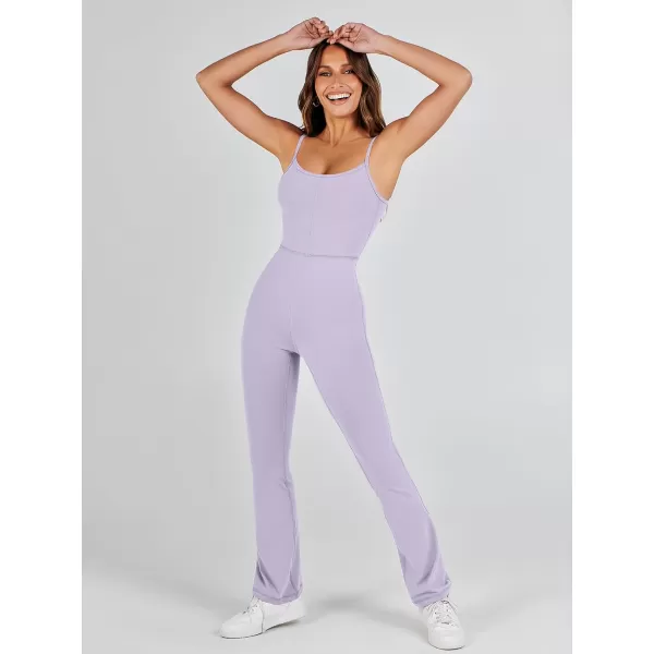 imageANRABESS Flare Jumpsuits for Women One Piece Sleeveless Square Neck Full Body Bodycon Yoga Workout Casual Unitard RompersLight Purple