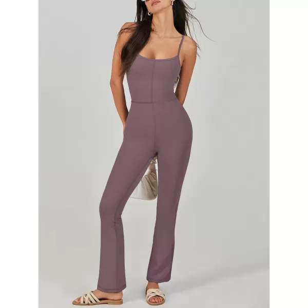 imageANRABESS Flare Jumpsuits for Women One Piece Sleeveless Square Neck Full Body Bodycon Yoga Workout Casual Unitard RompersNutmeg