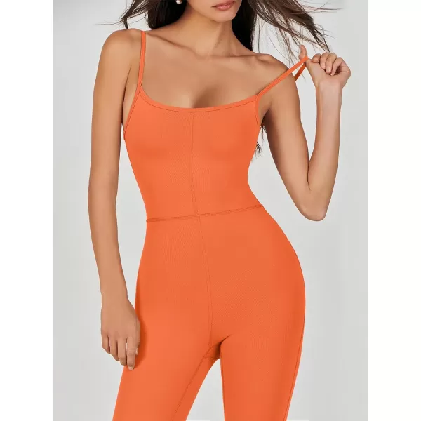imageANRABESS Flare Jumpsuits for Women One Piece Sleeveless Square Neck Full Body Bodycon Yoga Workout Casual Unitard RompersOrange