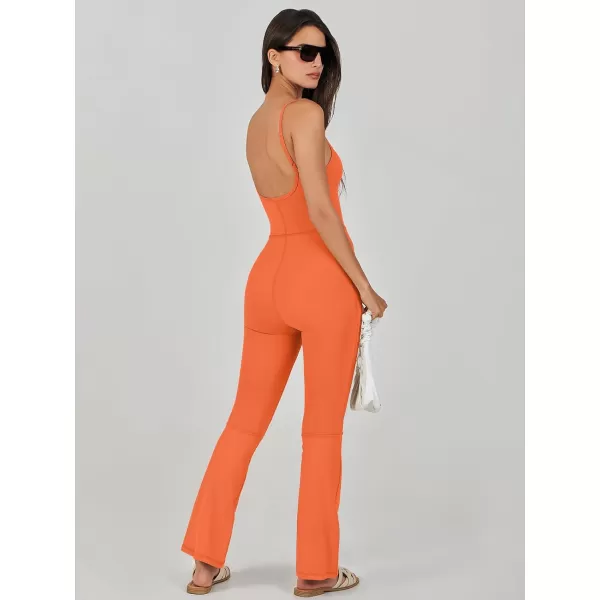 imageANRABESS Flare Jumpsuits for Women One Piece Sleeveless Square Neck Full Body Bodycon Yoga Workout Casual Unitard RompersOrange