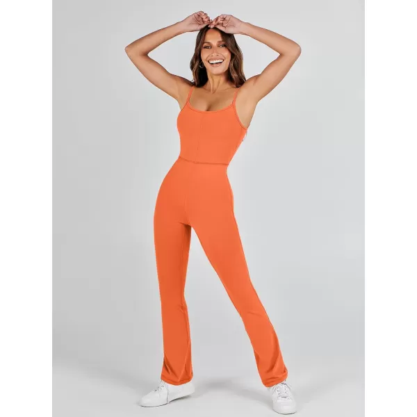 imageANRABESS Flare Jumpsuits for Women One Piece Sleeveless Square Neck Full Body Bodycon Yoga Workout Casual Unitard RompersOrange
