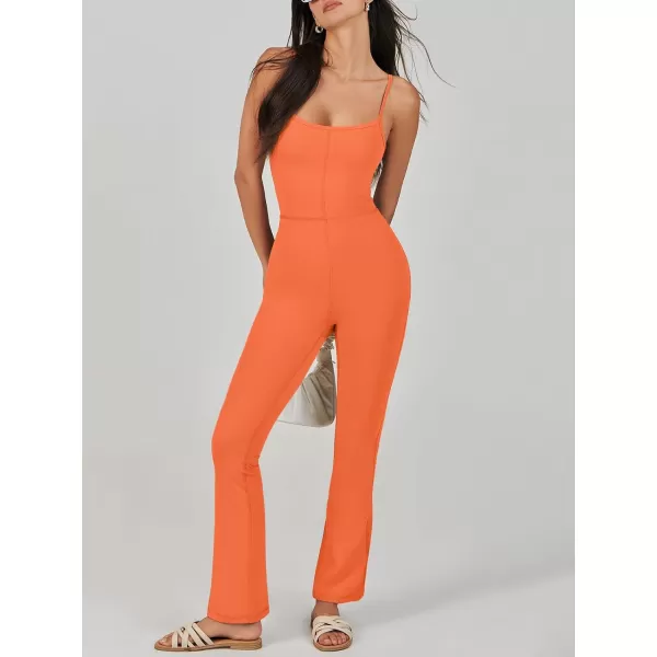 imageANRABESS Flare Jumpsuits for Women One Piece Sleeveless Square Neck Full Body Bodycon Yoga Workout Casual Unitard RompersOrange