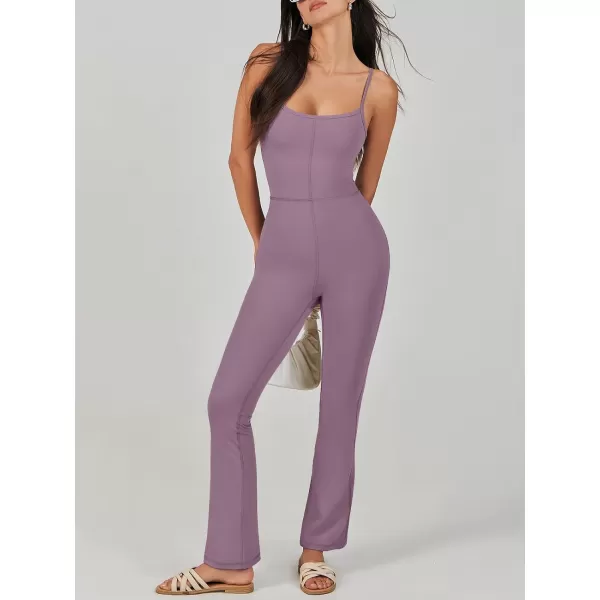 imageANRABESS Flare Jumpsuits for Women One Piece Sleeveless Square Neck Full Body Bodycon Yoga Workout Casual Unitard RompersPurple