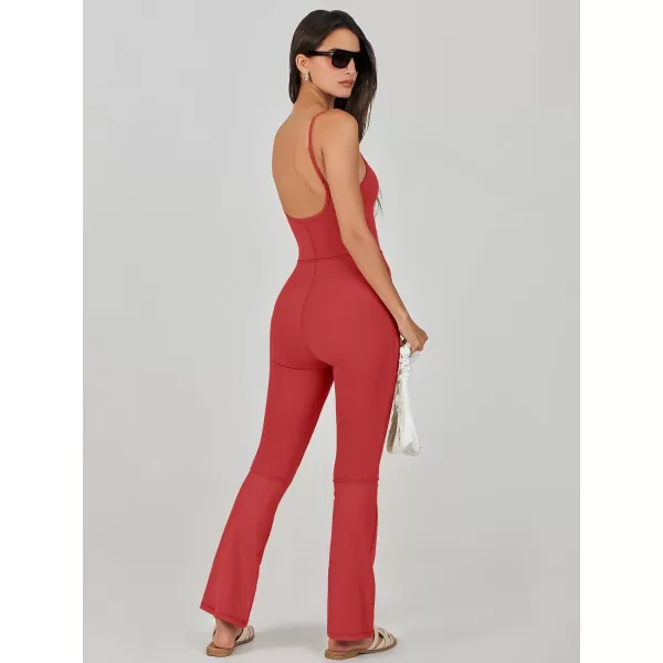 imageANRABESS Flare Jumpsuits for Women One Piece Sleeveless Square Neck Full Body Bodycon Yoga Workout Casual Unitard RompersRed
