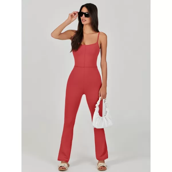 imageANRABESS Flare Jumpsuits for Women One Piece Sleeveless Square Neck Full Body Bodycon Yoga Workout Casual Unitard RompersRed