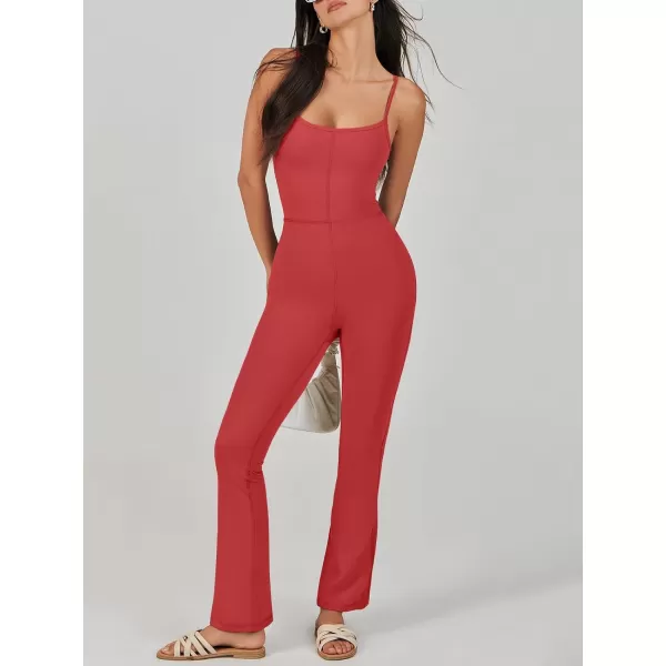 imageANRABESS Flare Jumpsuits for Women One Piece Sleeveless Square Neck Full Body Bodycon Yoga Workout Casual Unitard RompersRed