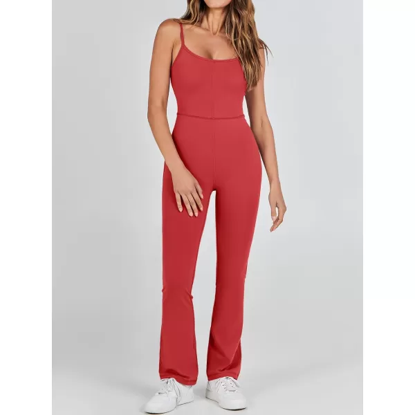 imageANRABESS Flare Jumpsuits for Women One Piece Sleeveless Square Neck Full Body Bodycon Yoga Workout Casual Unitard RompersRed