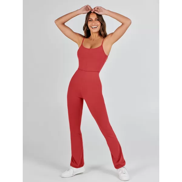 imageANRABESS Flare Jumpsuits for Women One Piece Sleeveless Square Neck Full Body Bodycon Yoga Workout Casual Unitard RompersRed