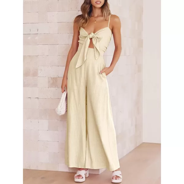 imageANRABESS Jumpsuit for Women Casual Summer Beach Vacation Outfits Sleeveless Tie Knot Cutout Linen Romper Jumper 2023Apricot