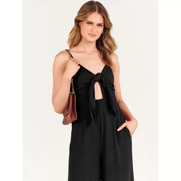 imageANRABESS Jumpsuit for Women Casual Summer Beach Vacation Outfits Sleeveless Tie Knot Cutout Linen Romper Jumper 2023Black