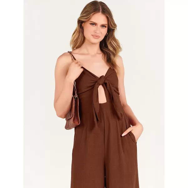 imageANRABESS Jumpsuit for Women Casual Summer Beach Vacation Outfits Sleeveless Tie Knot Cutout Linen Romper Jumper 2023Brown