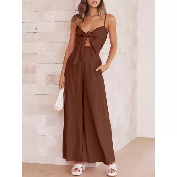 imageANRABESS Jumpsuit for Women Casual Summer Beach Vacation Outfits Sleeveless Tie Knot Cutout Linen Romper Jumper 2023Brown