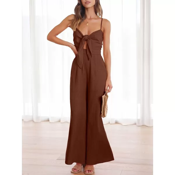 imageANRABESS Jumpsuit for Women Casual Summer Beach Vacation Outfits Sleeveless Tie Knot Cutout Linen Romper Jumper 2023Brown