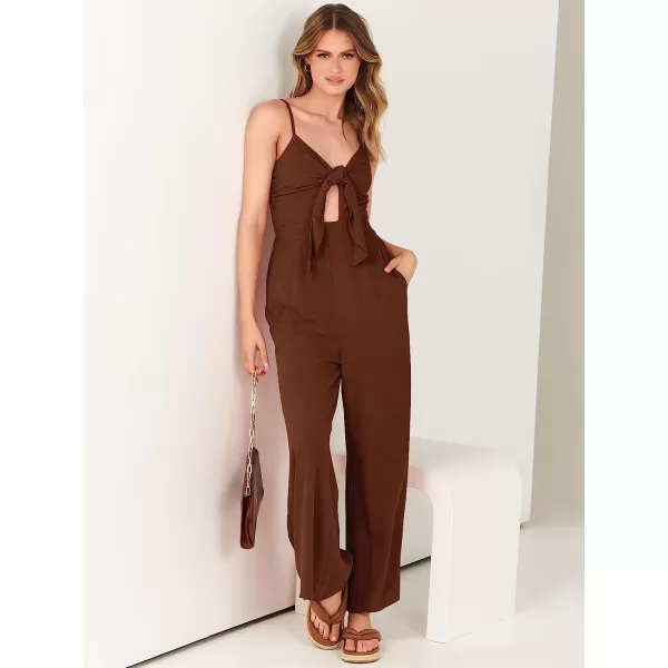imageANRABESS Jumpsuit for Women Casual Summer Beach Vacation Outfits Sleeveless Tie Knot Cutout Linen Romper Jumper 2023Brown