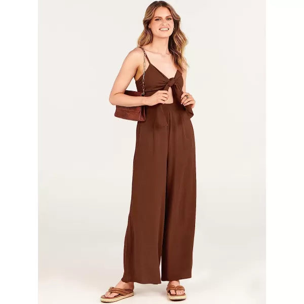 imageANRABESS Jumpsuit for Women Casual Summer Beach Vacation Outfits Sleeveless Tie Knot Cutout Linen Romper Jumper 2023Brown