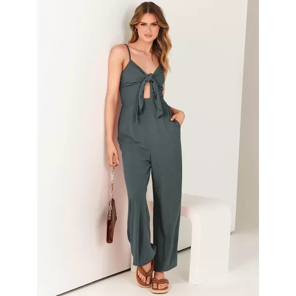 imageANRABESS Jumpsuit for Women Casual Summer Beach Vacation Outfits Sleeveless Tie Knot Cutout Linen Romper Jumper 2023Gray